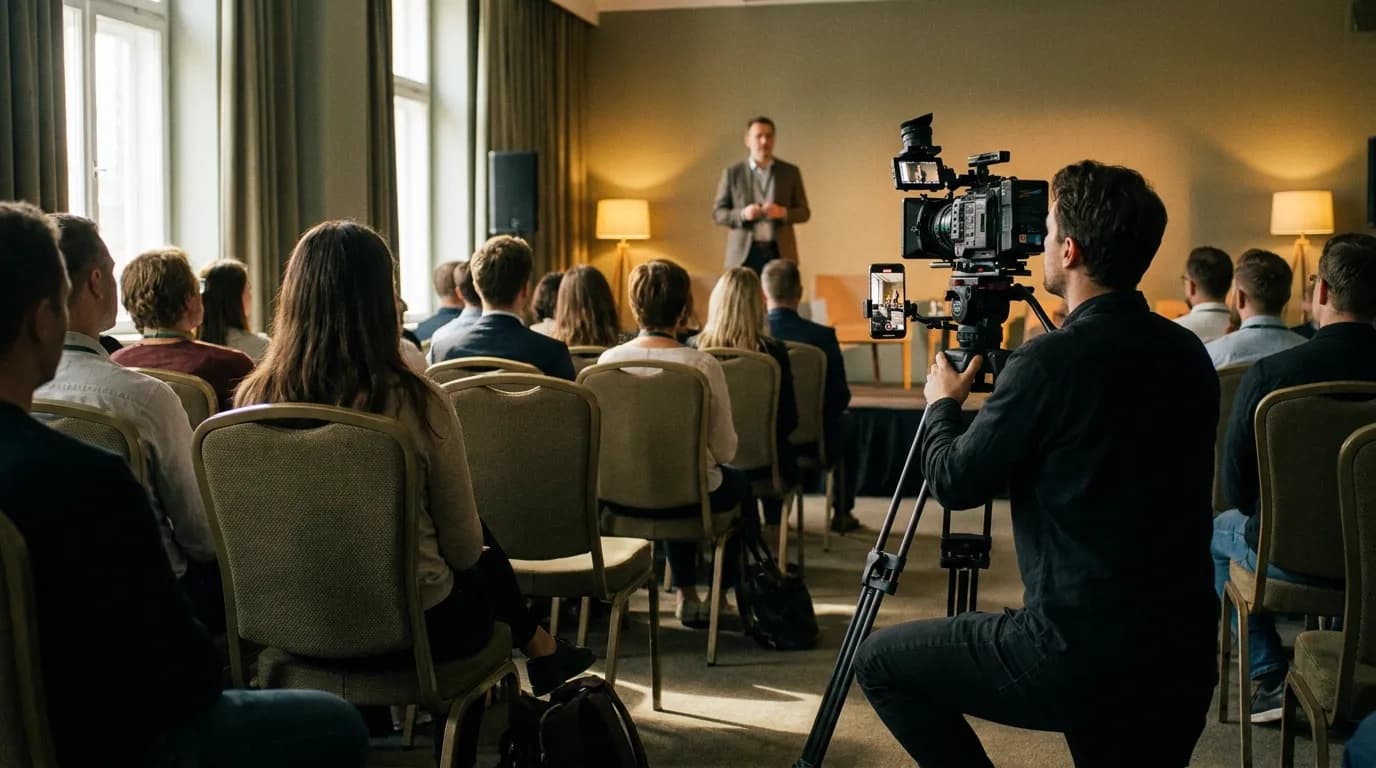 Vidéaste accroupi au fond d'une salle de conférence, caméra sur trépied et smartphone fixé à la verticale sur le même pied, tous deux pointés vers un intervenant sur scène