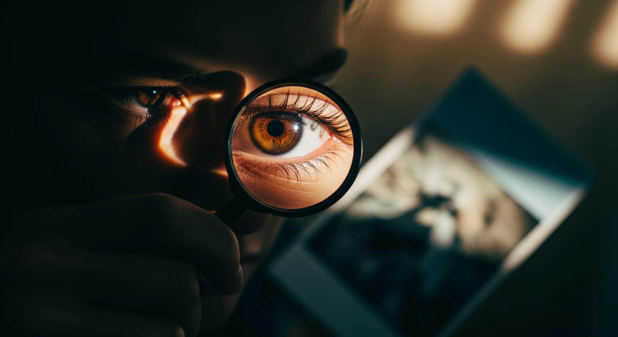 Détecter une image générée par IA, un œil et une main examinant une image à la recherche d'artefacts subtils, ambiance d'enquête, lumière dramatique