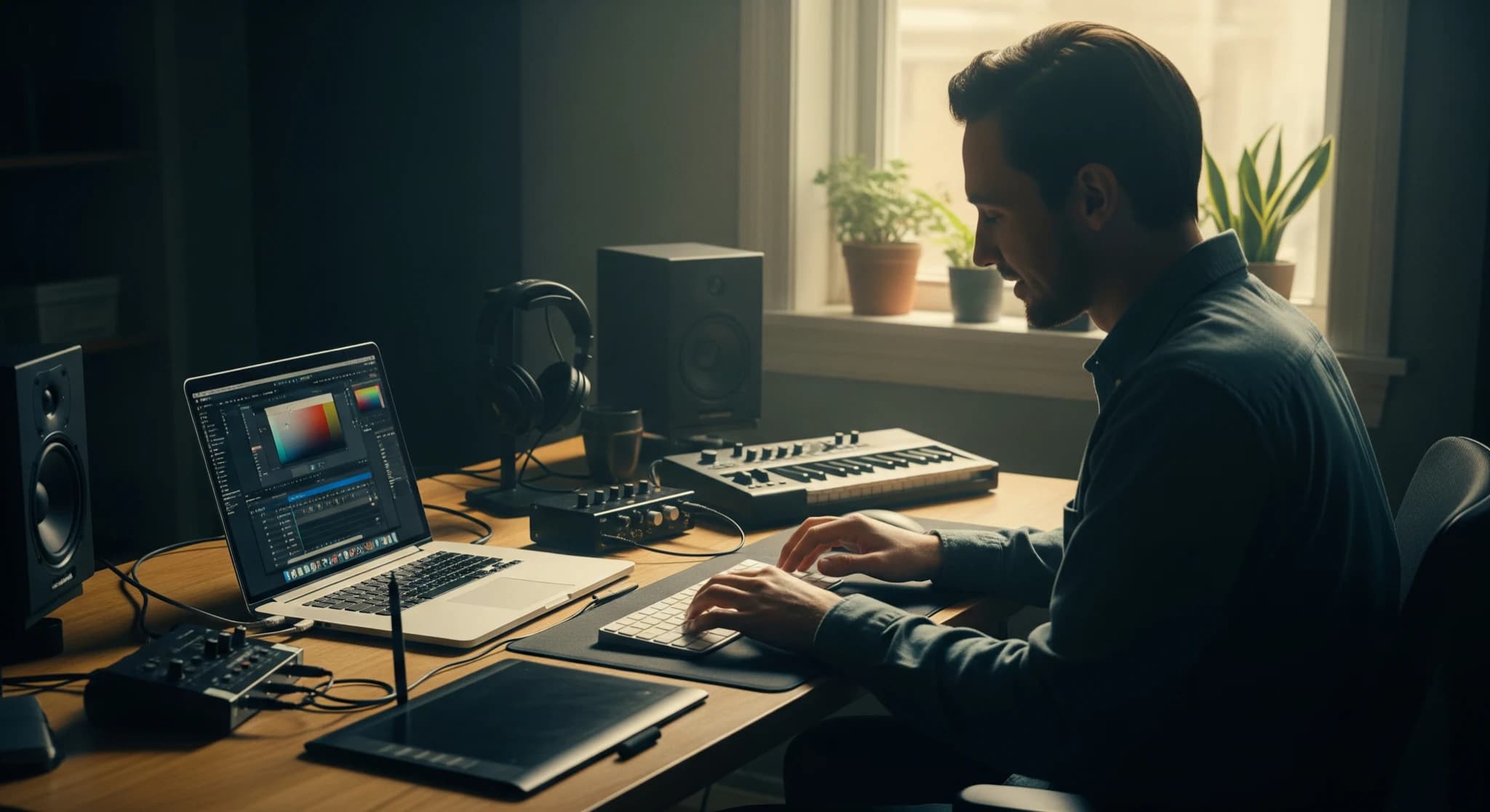 Devenir freelance en création IA, un freelance dans un studio maison créatif bien aménagé, ordinateur et matériel, lumière matinale pleine d'espoir