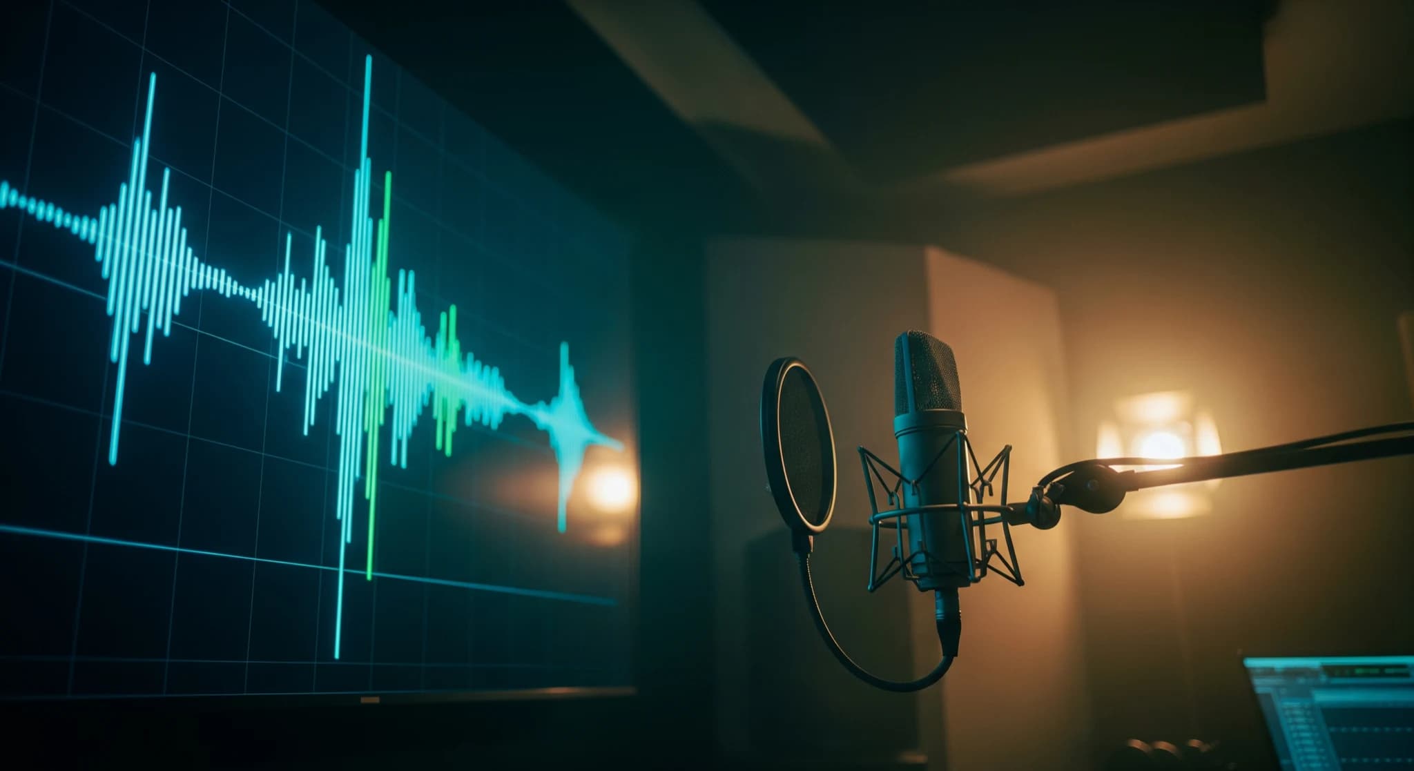 Doublage et traduction vidéo par IA, studio vocal avec une forme d'onde lumineuse sur écran et un microphone, concept multilingue, lumière feutrée