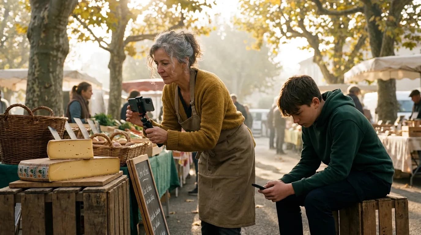 Sur un marché de village un matin d'automne, une fromagère aux cheveux gris en gilet moutarde filme une meule de comté avec son téléphone sur une poignée, pendant que son fils en sweat vert, assis sur une caisse, monte la vidéo sur son propre téléphone