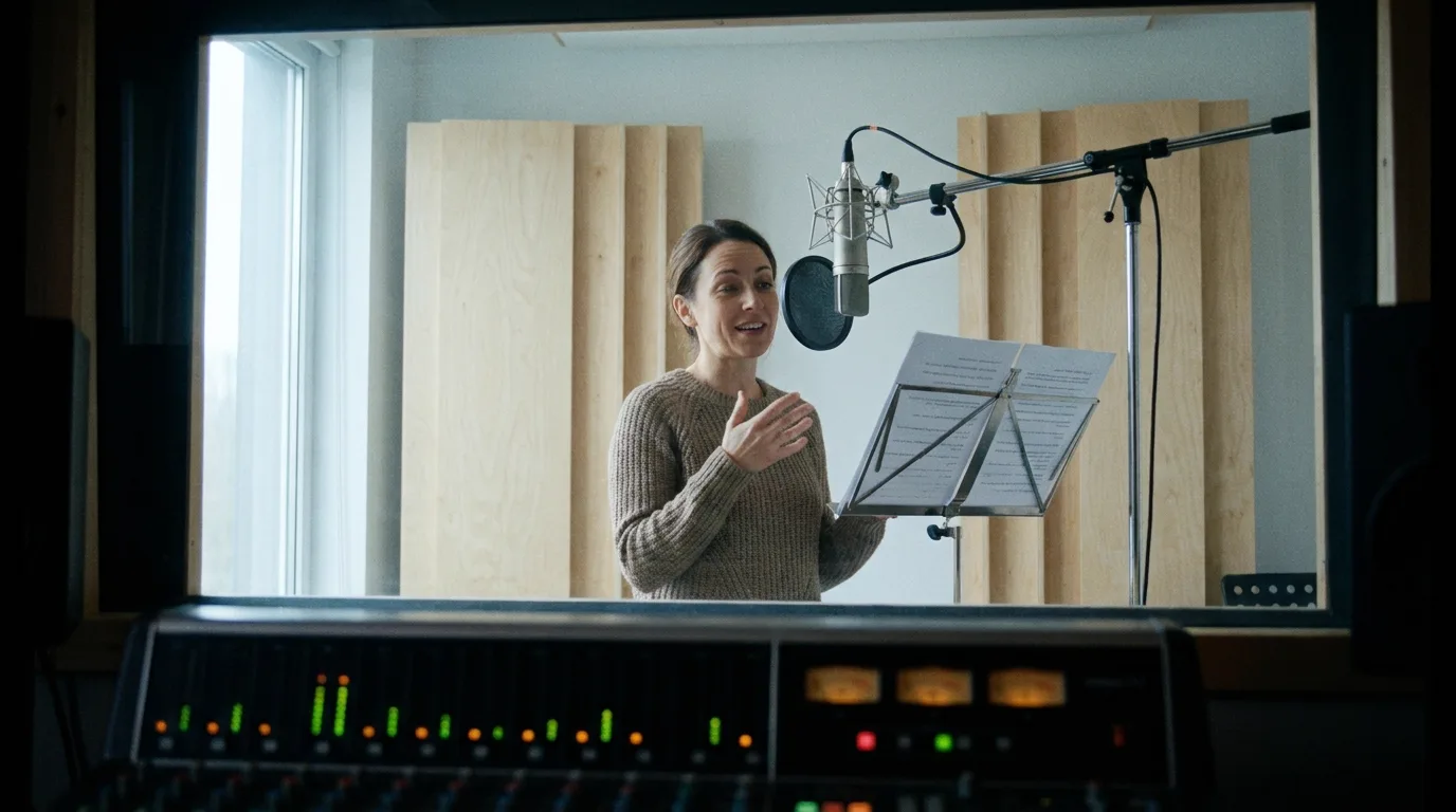 Cabine de voix off vue depuis la régie, comédienne au micro derrière la vitre en train de dire une réplique, console de mixage au premier plan