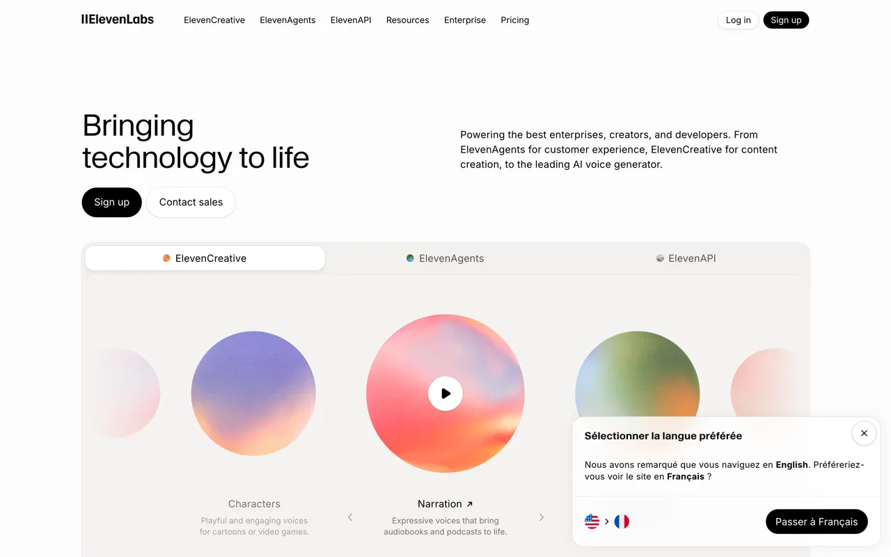 Page d'accueil d'ElevenLabs, plateforme de voix et musique IA