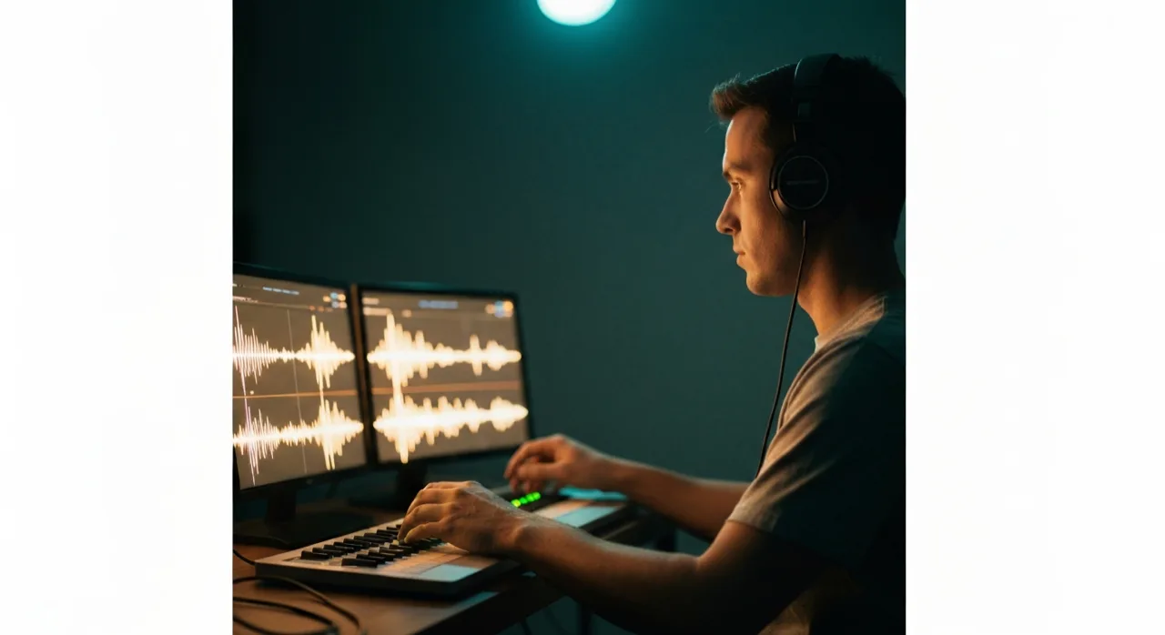 Un créateur compose une musique sur un écran avec des pistes audio dans un studio sombre, lumière cinématique