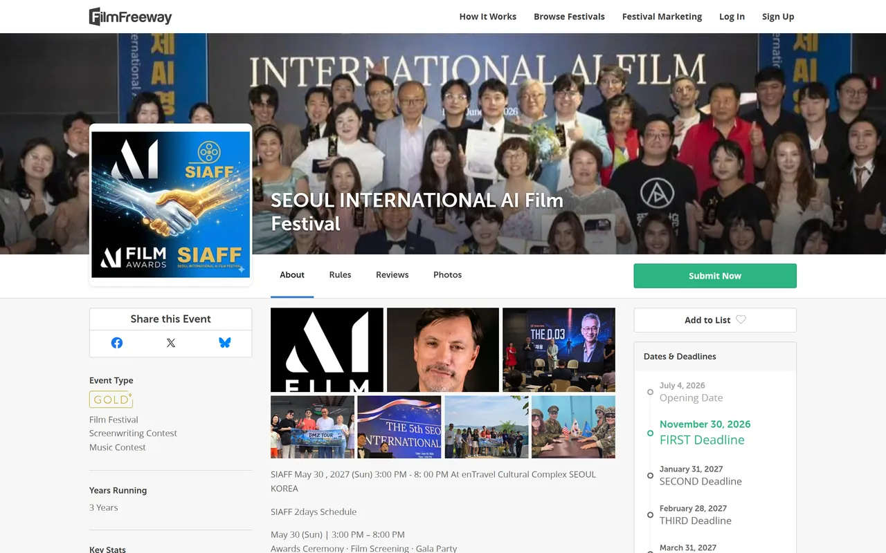 Fiche FilmFreeway du Seoul International AI Film Festival avec la photo de groupe des lauréats, le badge Gold, et la colonne des dates : ouverture le 4 juillet 2026, première date limite le 30 novembre 2026, suivantes jusqu'en avril 2027