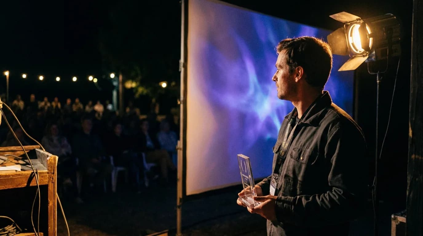 Projection en plein air la nuit, un réalisateur en veste sombre avec un badge autour du cou tient un petit trophée en acrylique dans les coulisses, écran bleu violet derrière lui, public assis dans l'ombre, projecteur tungstène sur pied