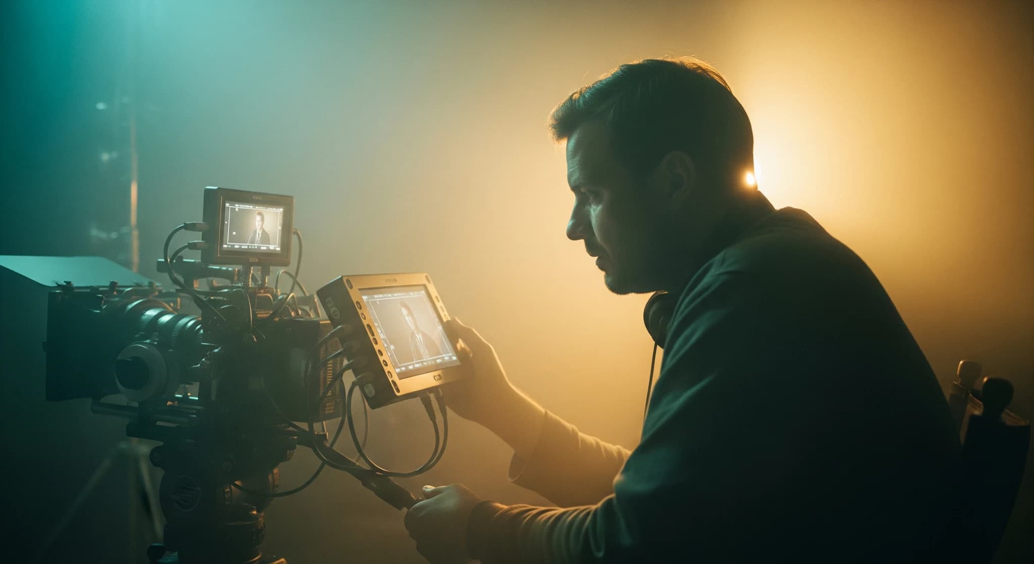 Film IA gratuit, scène de plateau intime réalisée avec un petit budget, réalisateur seul devant un moniteur, brume atmosphérique, lumière chaude