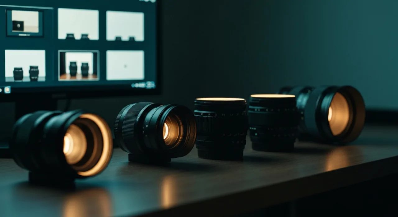 Plusieurs objectifs photo posés près d'un écran montrant des cadrages différents, studio sombre, lumière cinématique