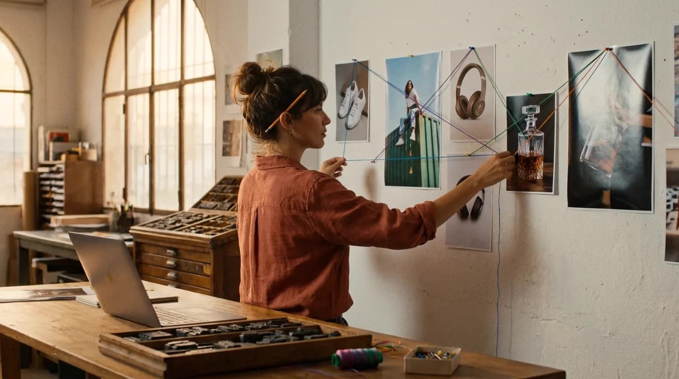 Dans une ancienne imprimerie aux grandes fenêtres cintrées, en fin d'après-midi, une directrice artistique en chemise couleur rouille tend des fils de couleur entre des tirages photo épinglés au mur (baskets, casque audio, carafe en cristal, modèle assise sur un conteneur vert), avec des casses de caractères en plomb et un ordinateur portable sur l'établi