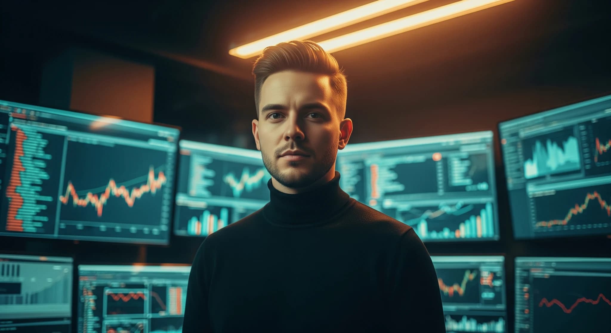Gagner de l'argent avec l'IA créative, un entrepreneur créatif confiant dans son studio, réussite et concentration, lumière chaude inspirante