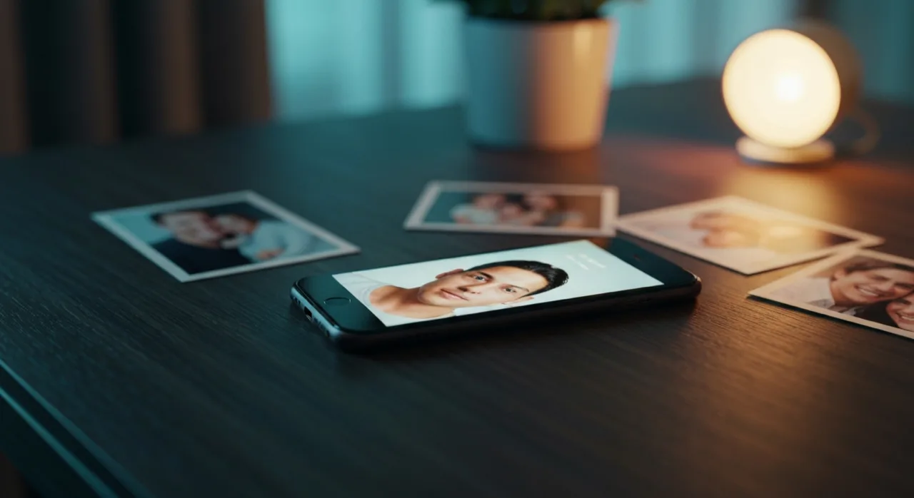 Un smartphone affiche une image générée d'après des souvenirs personnels, entouré de photos de famille floues sur un bureau sombre