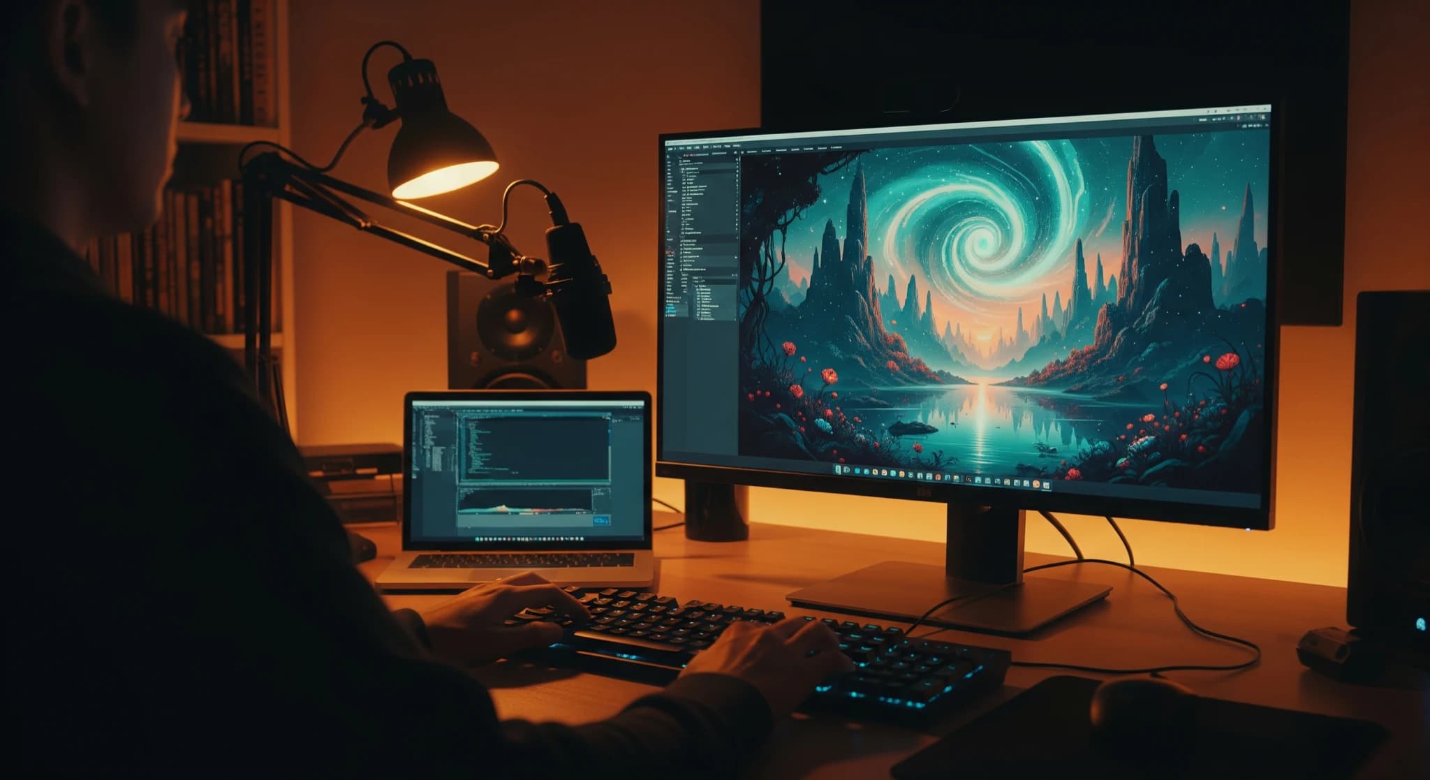 Générer une image avec l'IA, écran montrant une image IA cinématique en cours de création, mains sur le clavier, atelier nocturne
