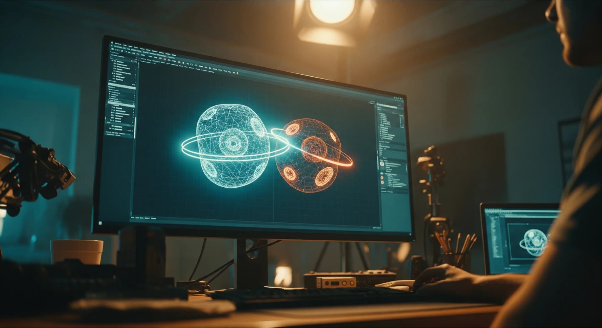 Générer des modèles 3D avec l'IA, modèle 3D lumineux en rotation sur un écran dans un studio, du wireframe au rendu, ambiance tech-créative