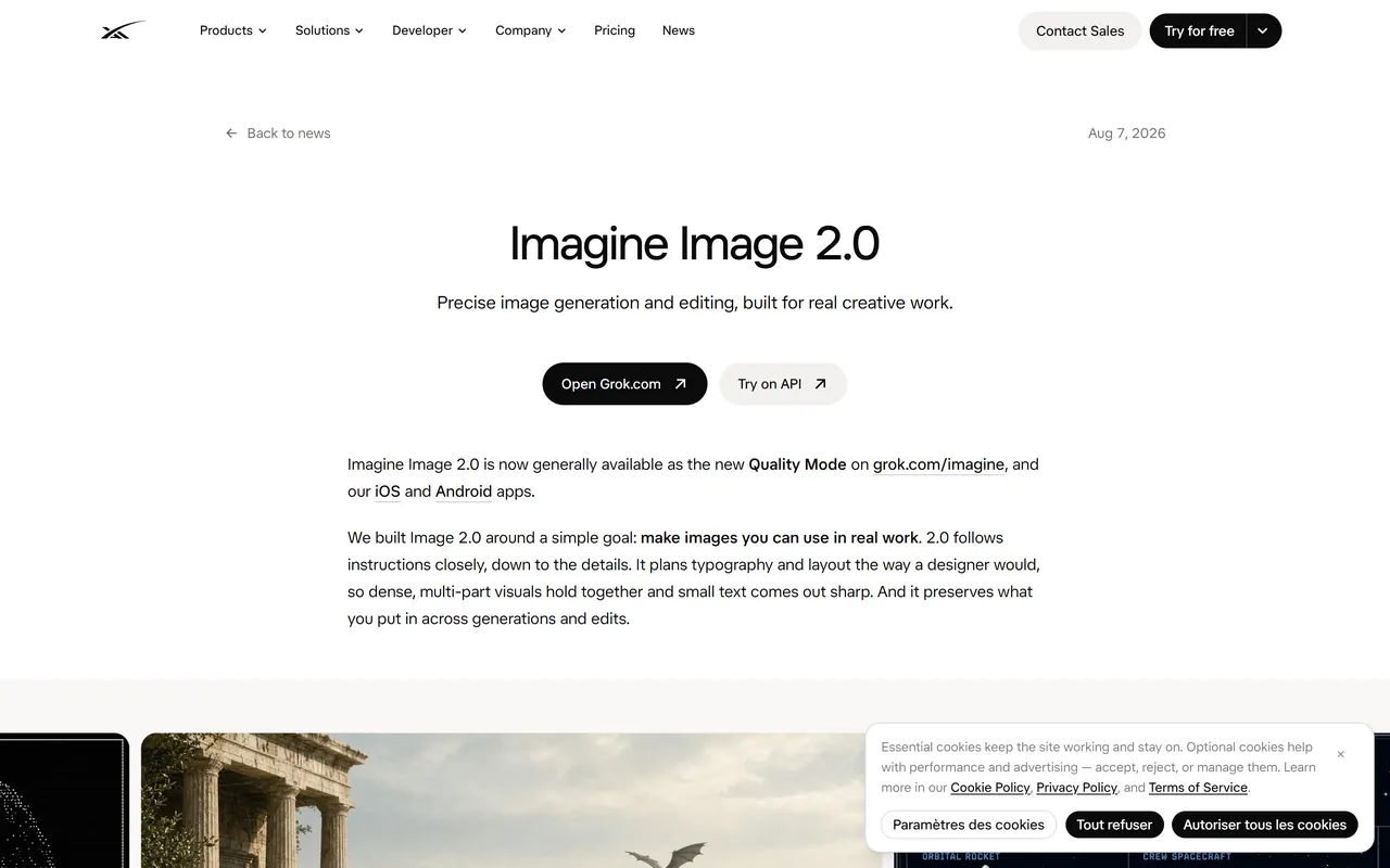 Page d'annonce officielle d'Imagine Image 2.0 sur x.ai, datée du 7 août 2026, avec les boutons Open Grok.com et Try on API