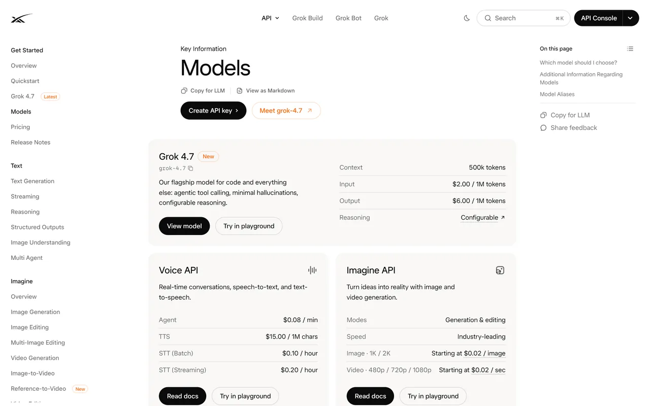 Carte Imagine API sur la page Models de la documentation xAI, indiquant les définitions 1K et 2K pour l'image, 480p, 720p et 1080p pour la vidéo, avec des tarifs à partir de 0,02 dollar par image et par seconde
