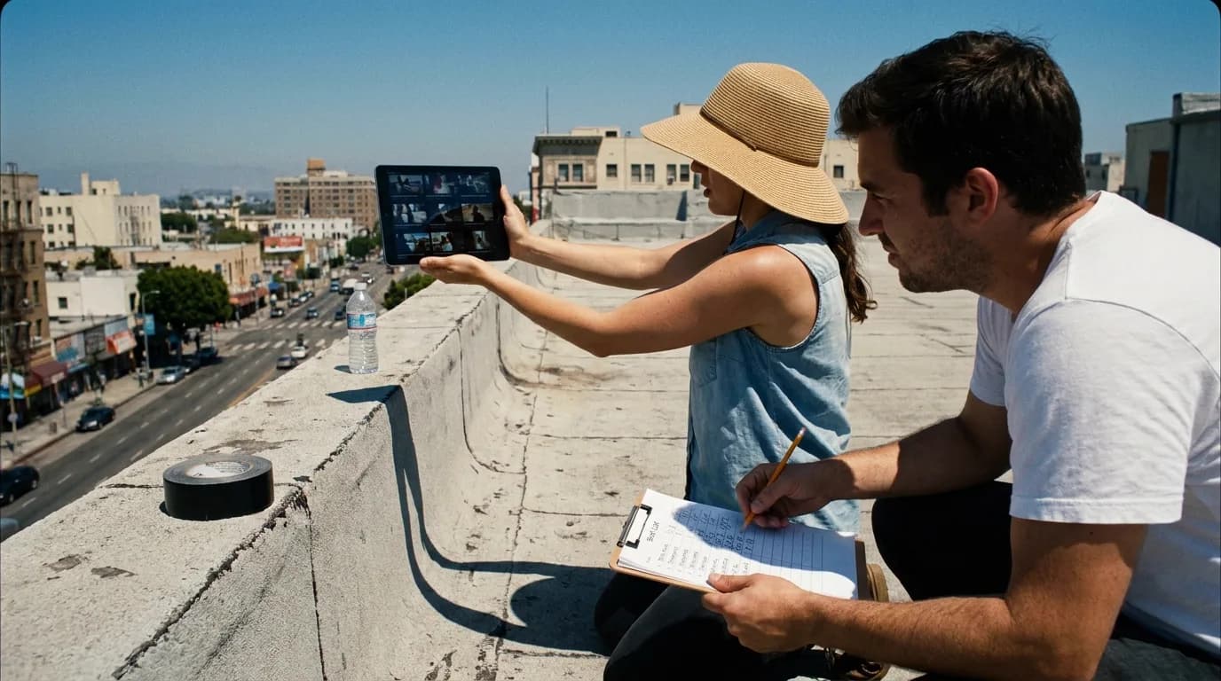 Sur un toit-terrasse en plein soleil de midi, une femme en chapeau de paille et chemise en jean sans manches tend une tablette à bout de bras pour aligner la grille de vignettes vidéo affichée dessus avec l'avenue en contrebas, pendant qu'un homme accroupi en tee-shirt blanc annote au crayon une liste de plans sur un porte-bloc, bouteille d'eau et rouleau de gaffer posés sur le parapet