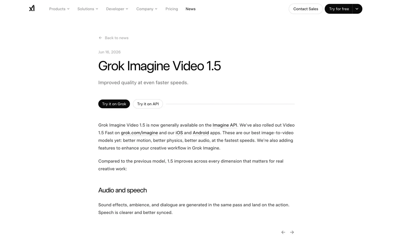 Page officielle de Grok Imagine Video 1.5 sur le site de xAI, datée du 16 juin 2026