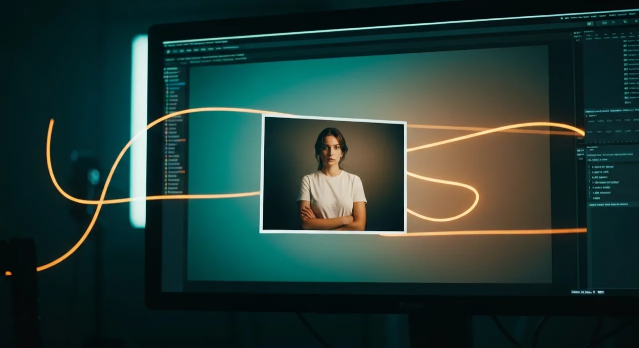 Une image fixe qui prend vie en mouvement sur un écran, vague de lumière cinématique dans un studio sombre
