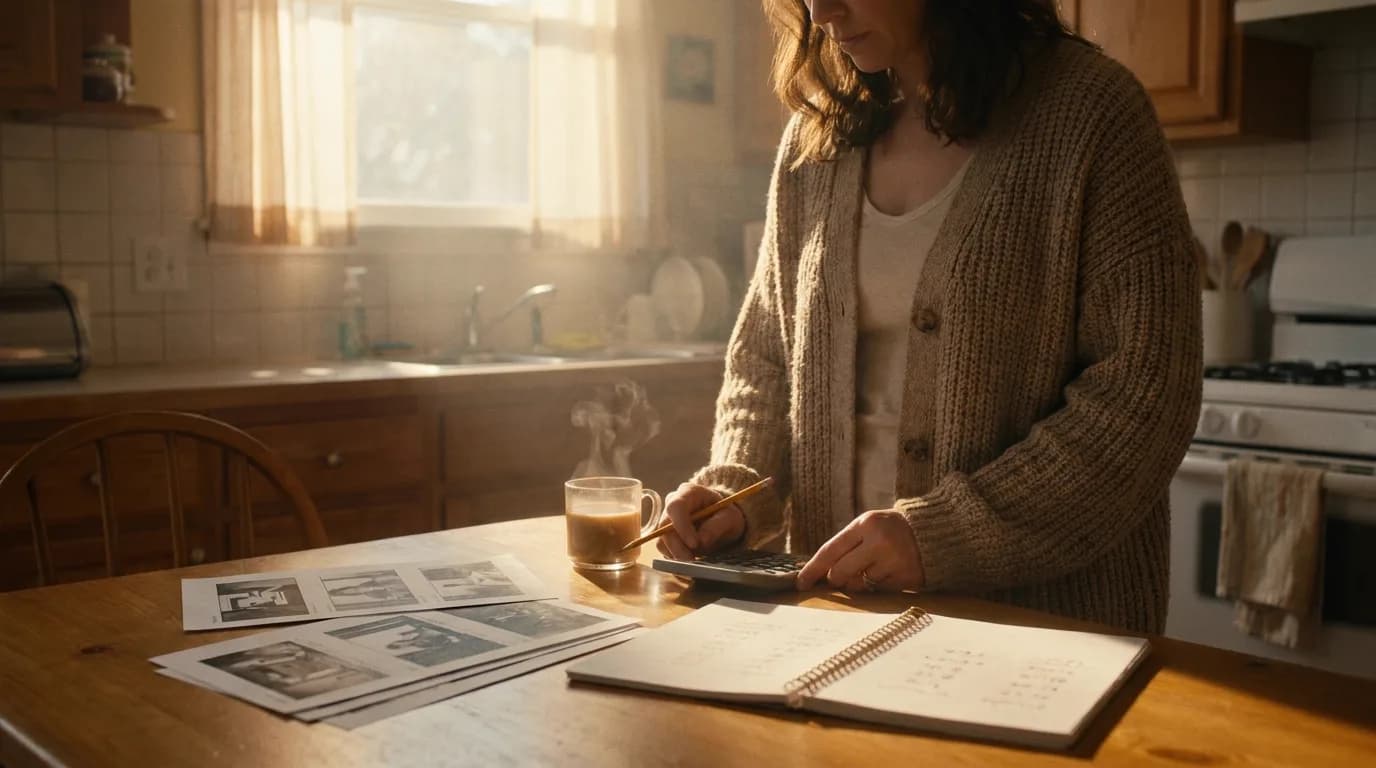 Une créatrice fait ses comptes au crayon dans un carnet, le matin, à côté de storyboards imprimés et d'une calculatrice