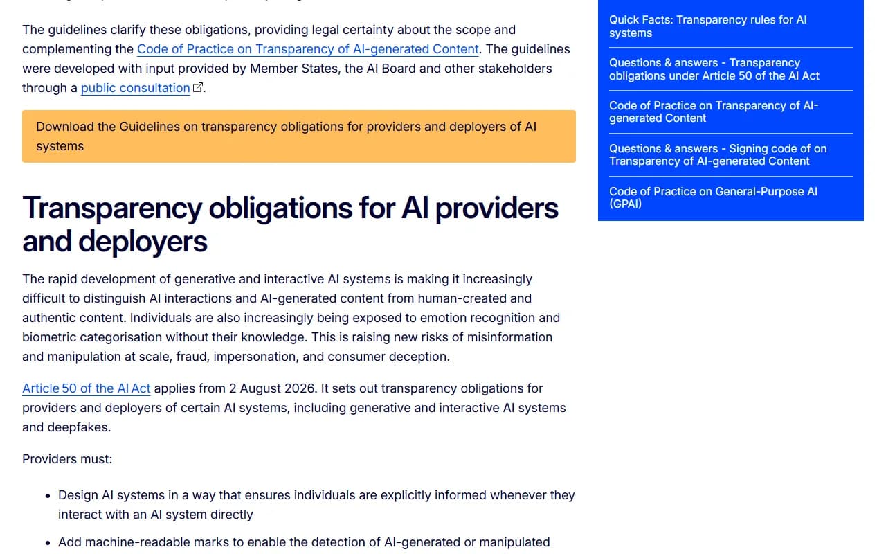 Page de la Commission européenne sur les obligations de transparence, avec la phrase indiquant que l'article 50 de l'AI Act s'applique depuis le 2 août 2026 et la liste des obligations des fournisseurs