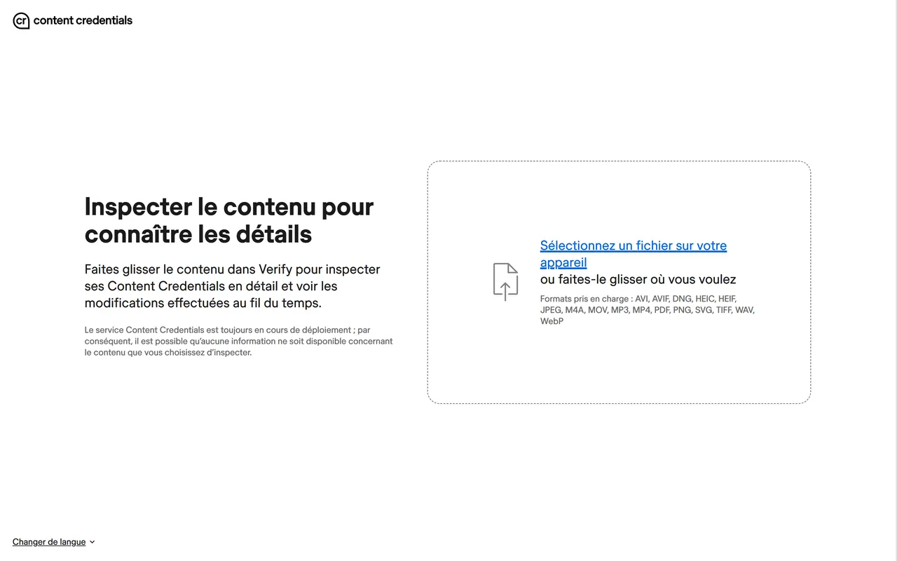 Outil Verify de Content Credentials, avec la zone de dépôt de fichier et la liste des formats acceptés