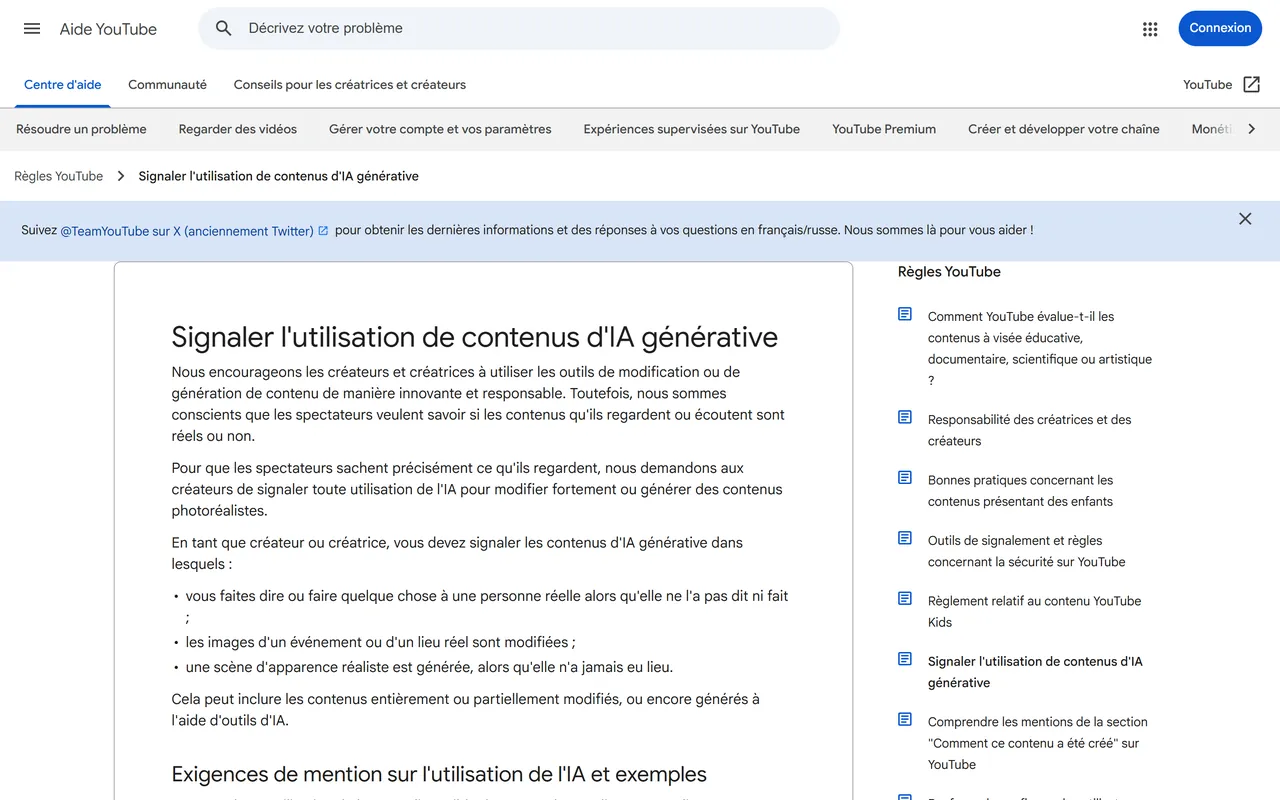 Page d'aide YouTube « Signaler l'utilisation de contenus d'IA générative » listant les trois cas où la déclaration est demandée
