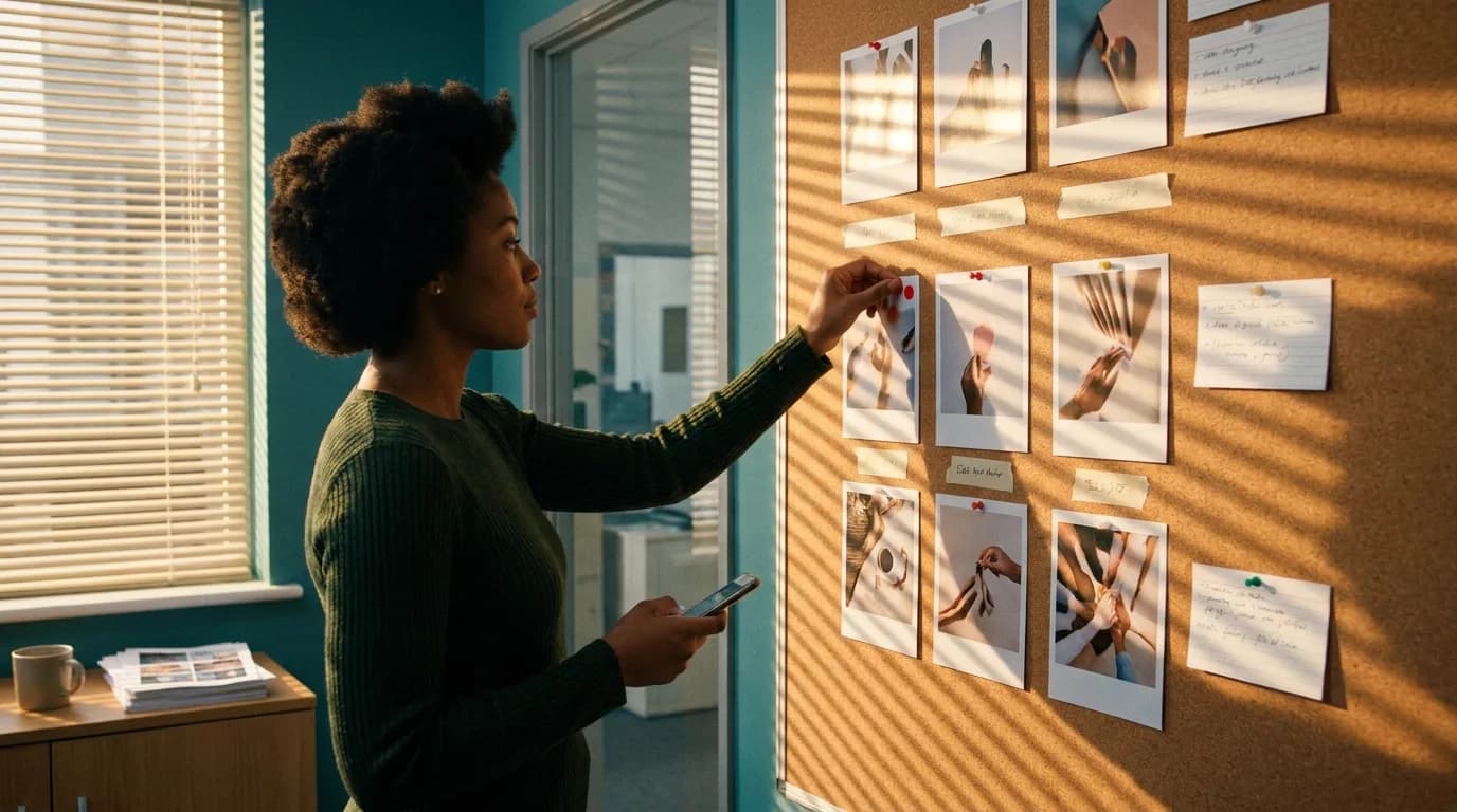 Une femme en pull vert sombre pose une pastille rouge sur l'un des posts imprimés épinglés en grille sur un grand panneau de liège, téléphone dans l'autre main, lumière de fin de journée rayée par les stores d'un bureau aux murs bleu canard