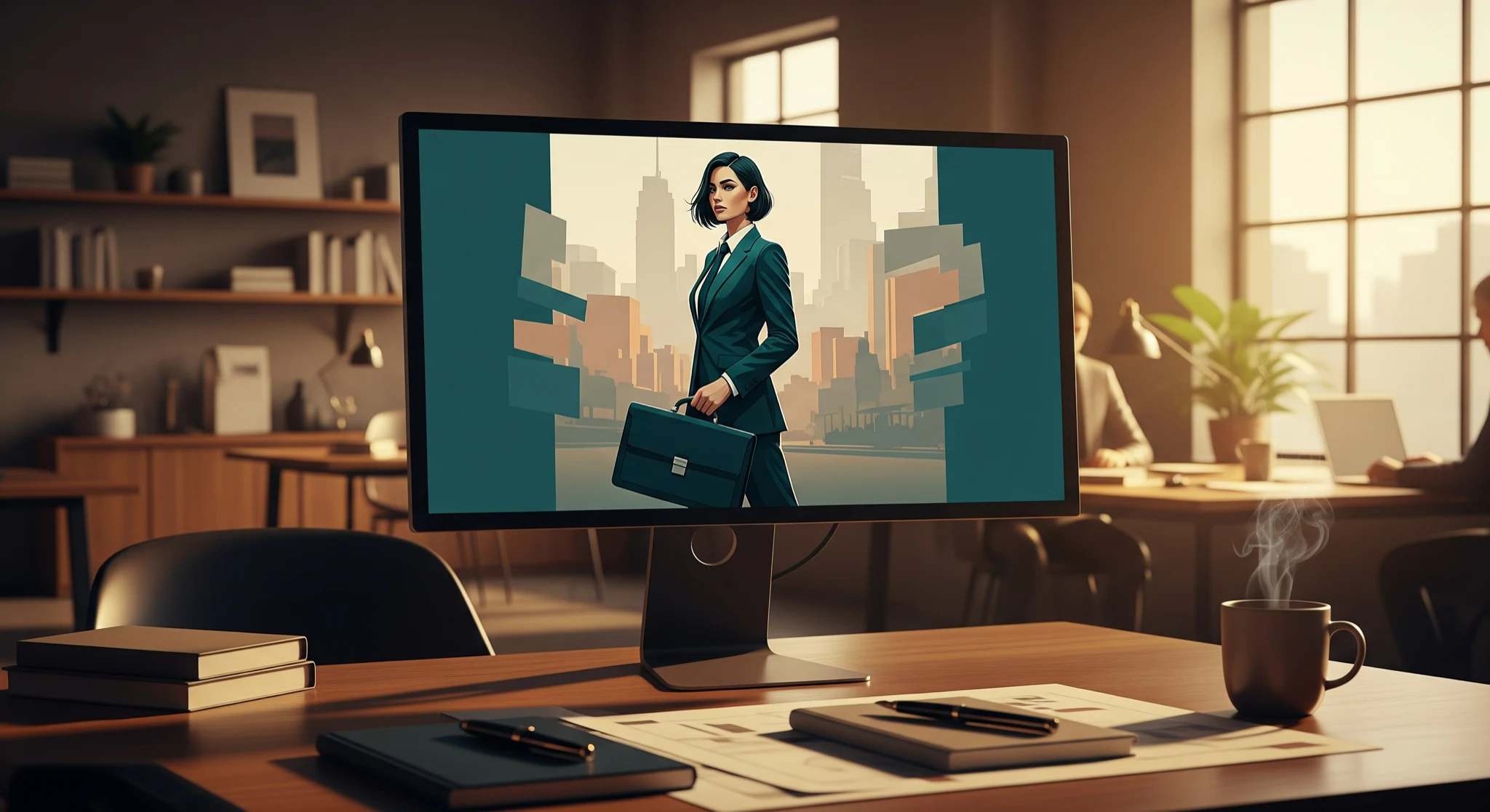 Illustration IA professionnelle, illustration stylée affichée sur un écran dans un studio de designer, lumière douce, rendu premium
