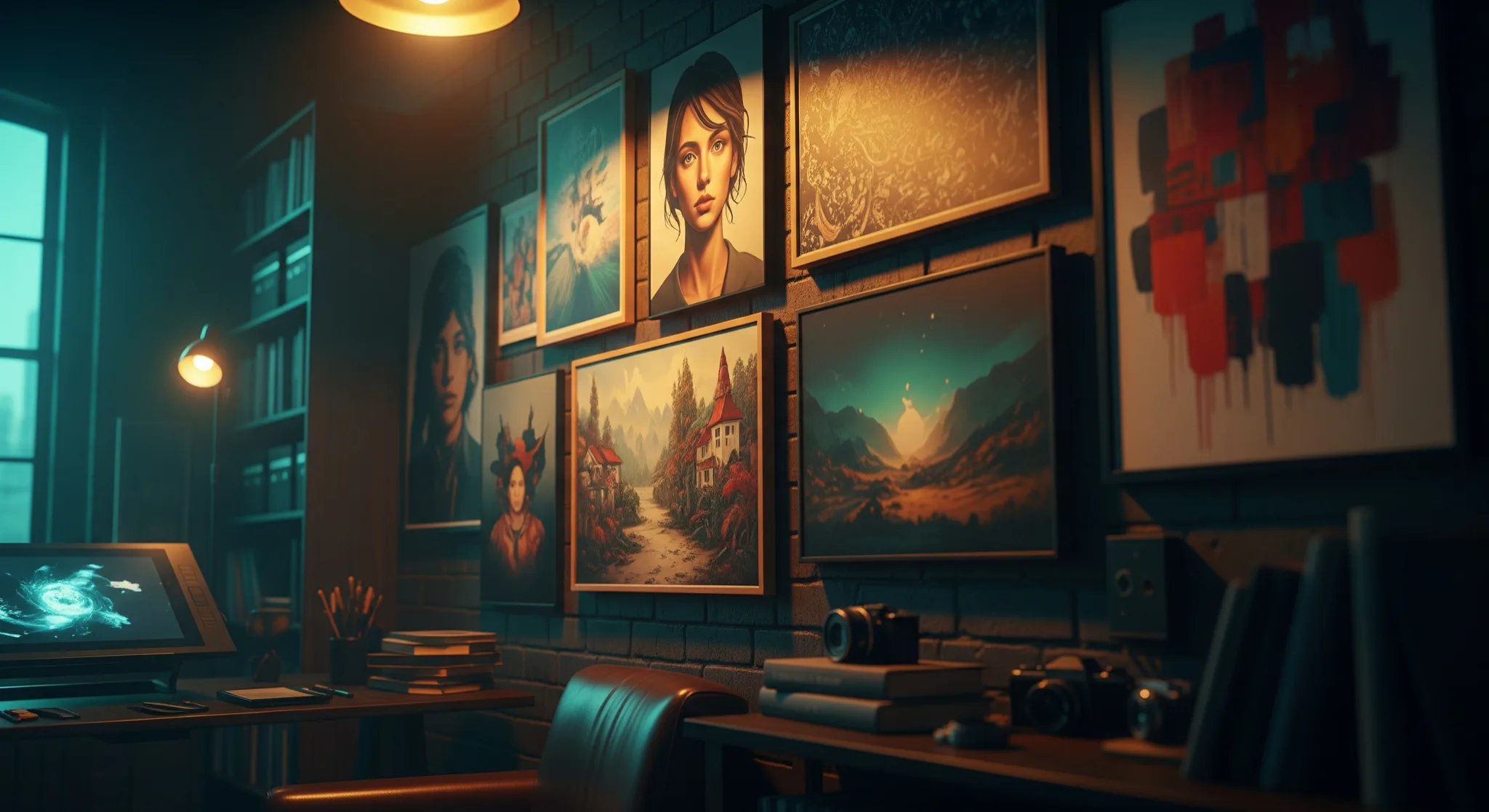 Image IA le guide complet, un mur de visuels générés par IA aux styles variés dans un studio créatif sombre, lumière chaude cinématique