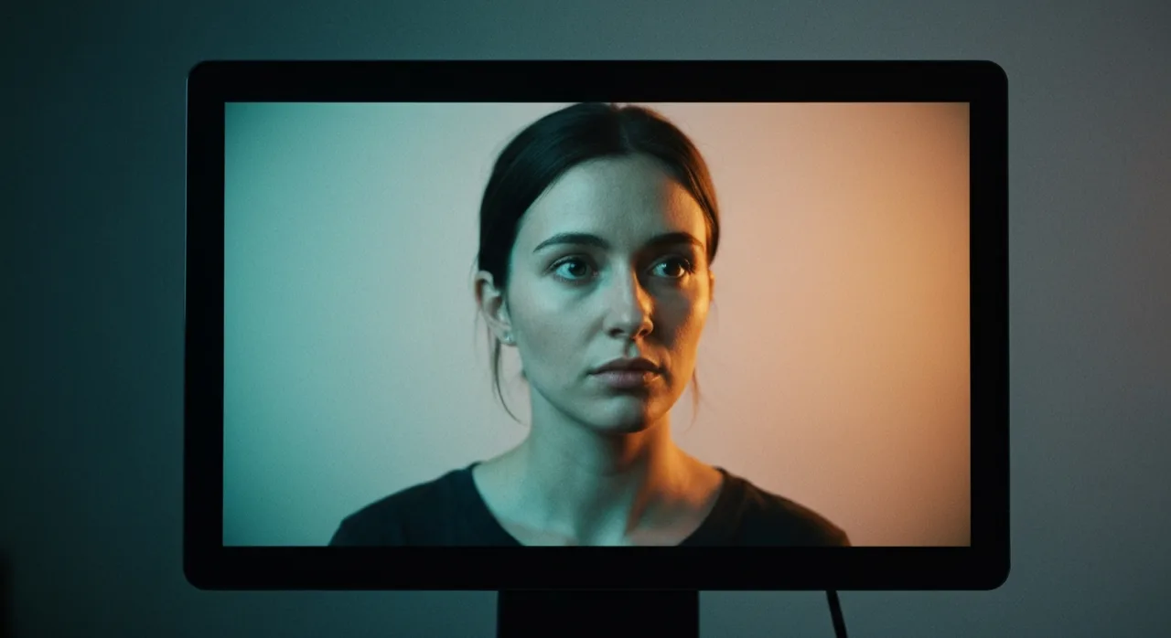 Un créateur observe une image fixe qui s'anime en plan vidéo sur un écran, studio sombre, lumière cinématique bleutée