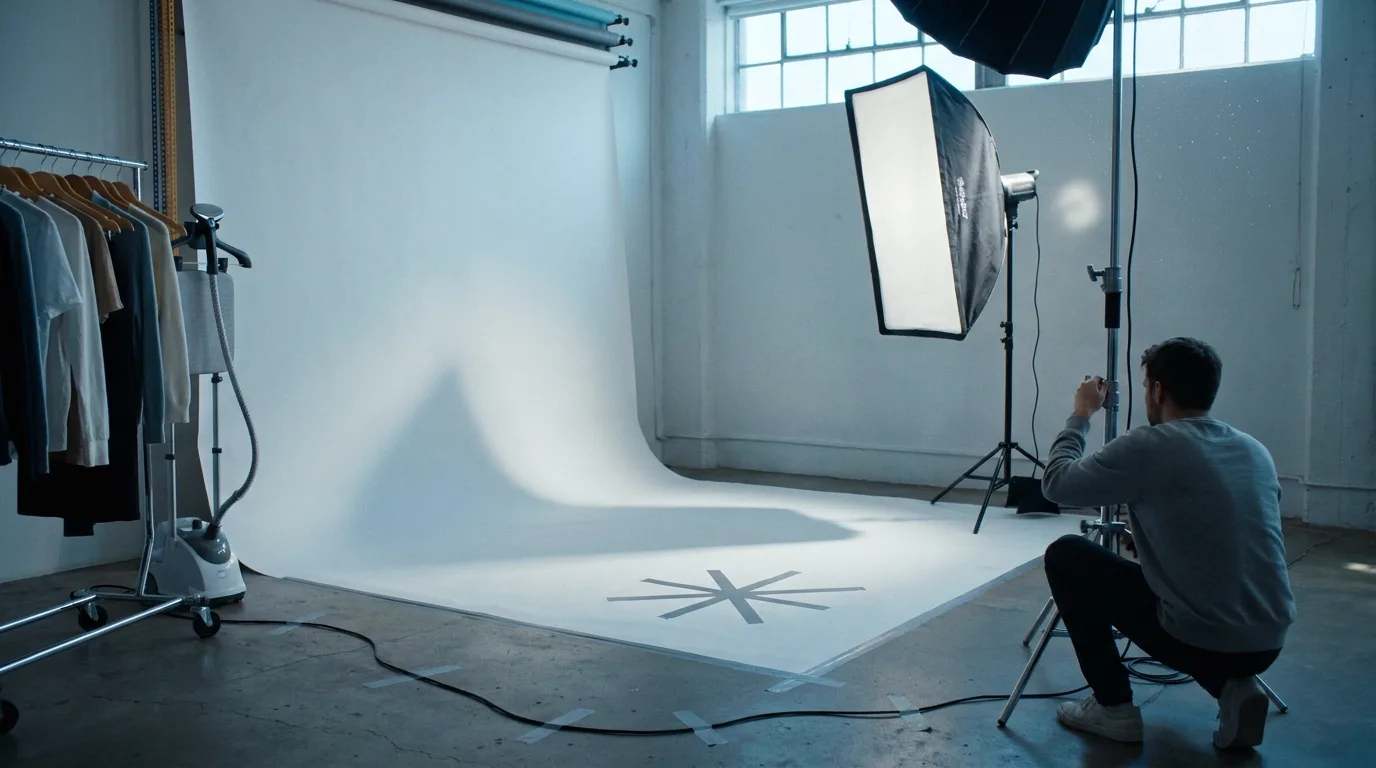 Studio photo vide, fond blanc et éclairage installé autour d'une marque au sol inoccupée, un assistant accroupi règle un pied de projecteur