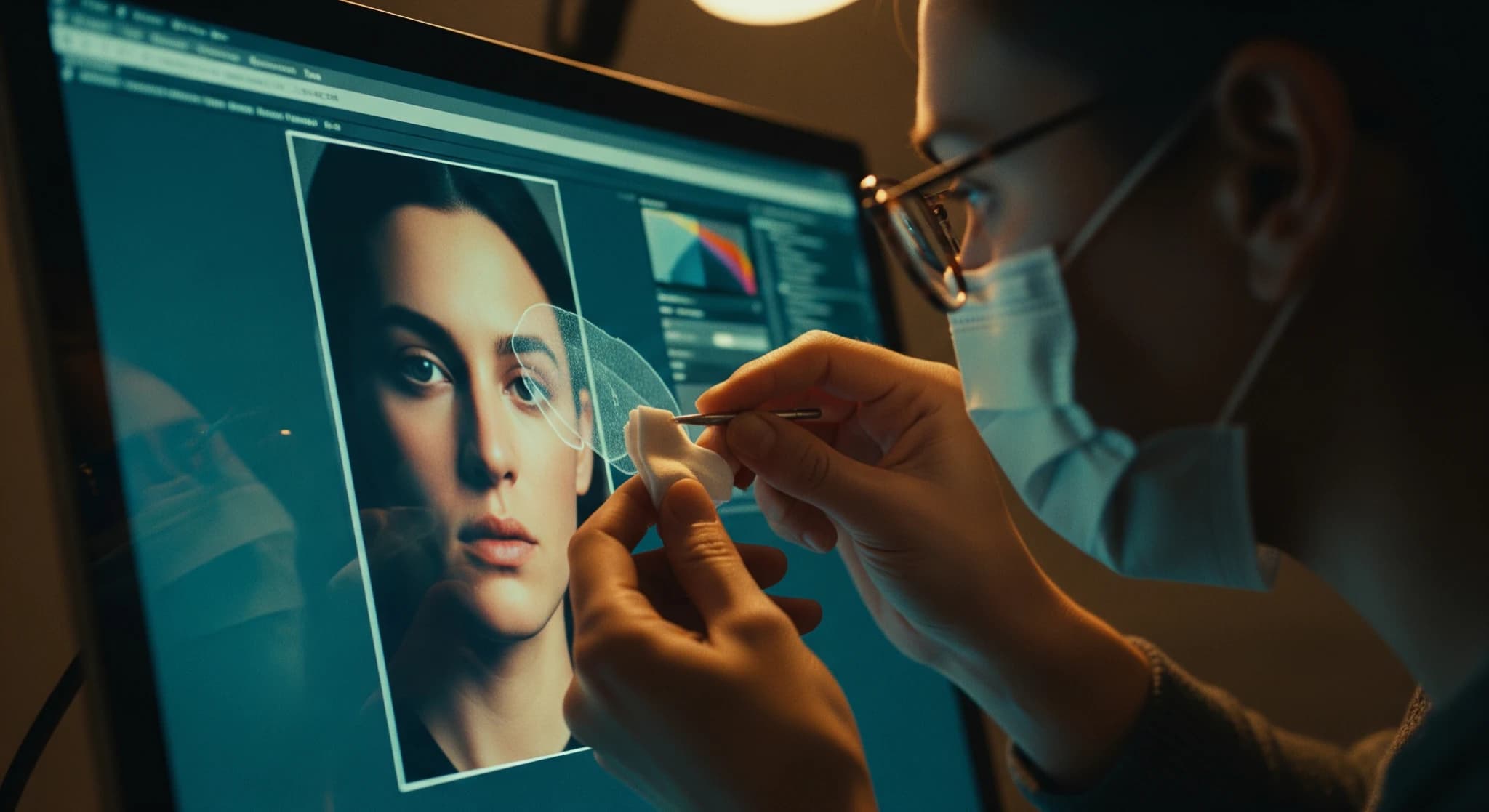 Inpainting IA pour retoucher une zone d'image, gros plan d'un créateur masquant et réparant une zone précise d'une image à l'écran, concentré, lumière chaude