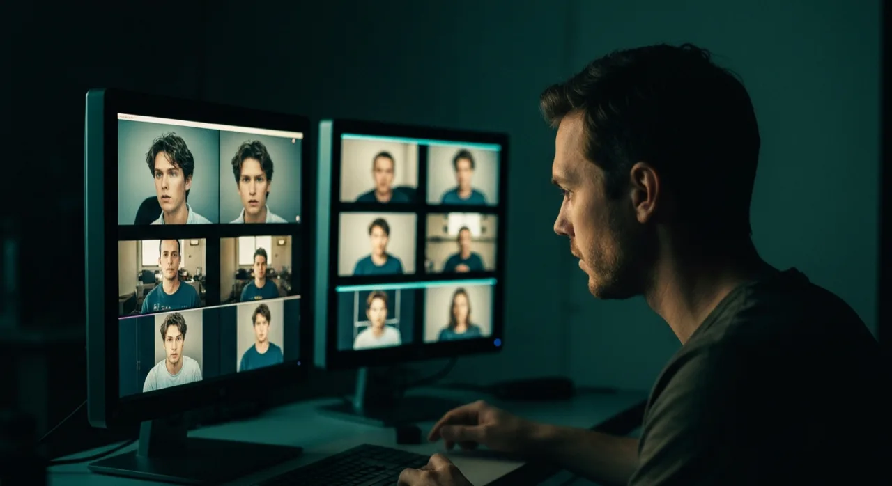 Un créateur visionne plusieurs essais de plans vidéo sur un grand écran dans un studio sombre, lumière cinématique