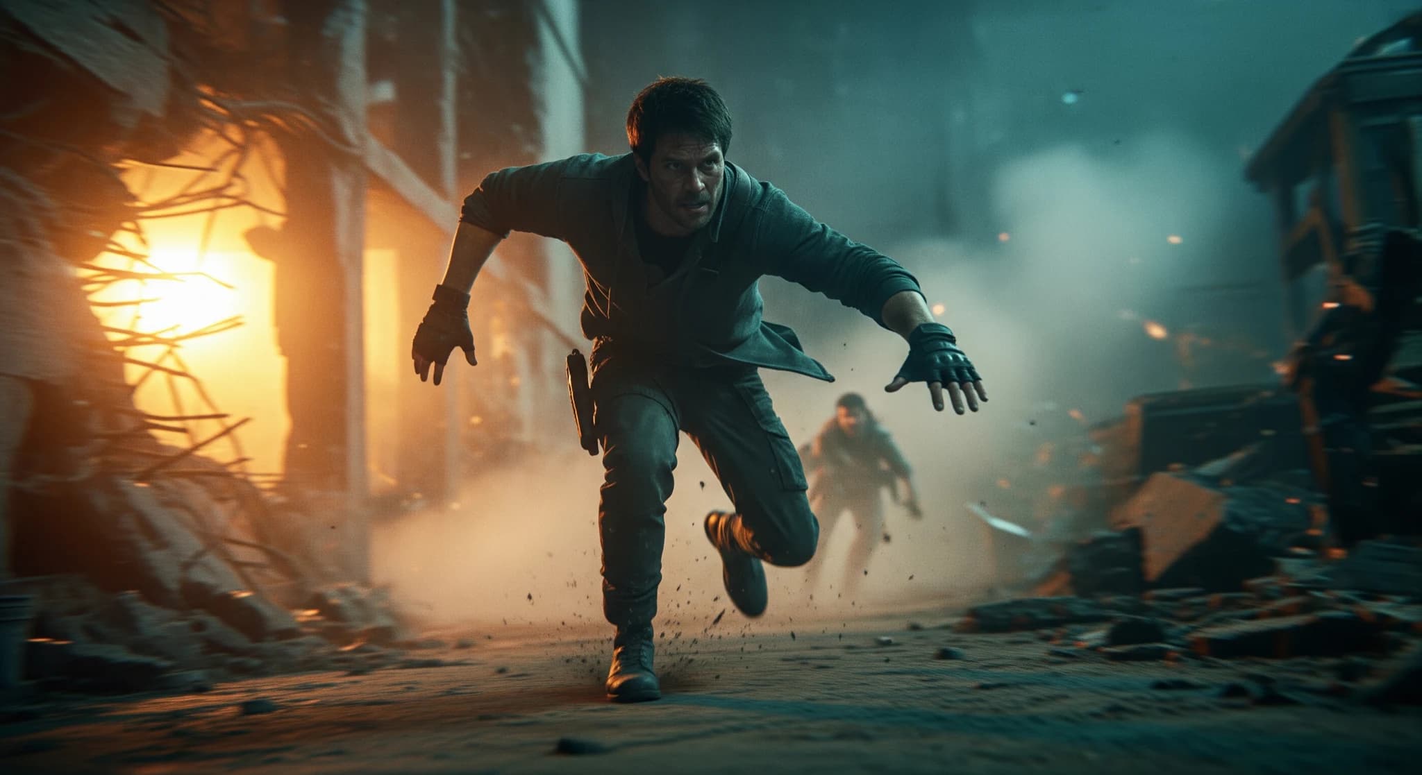 Kling AI pour des vidéos cinématiques, plan d'action dramatique avec flou de mouvement et atmosphère, comme une image de blockbuster, angle dynamique