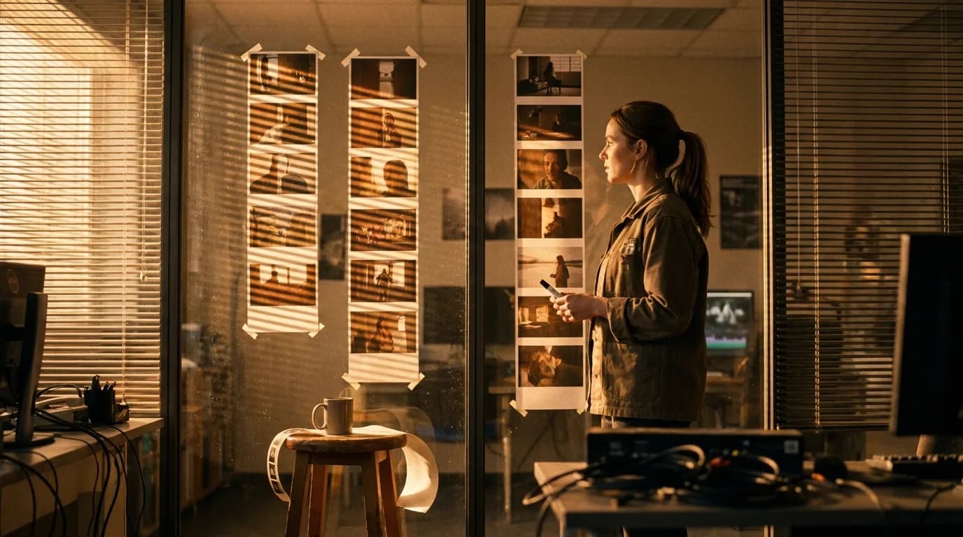 Une monteuse compare deux colonnes de photogrammes imprimés scotchés sur une cloison vitrée, dans une salle de post-production traversée par une lumière rasante à travers les stores