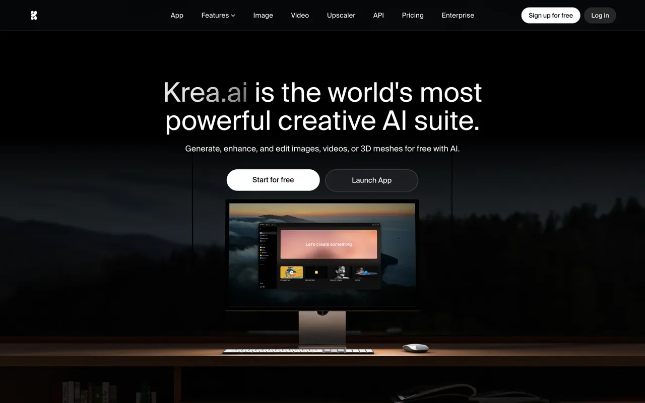 Page d'accueil de Krea, suite créative IA pour images, vidéos et 3D