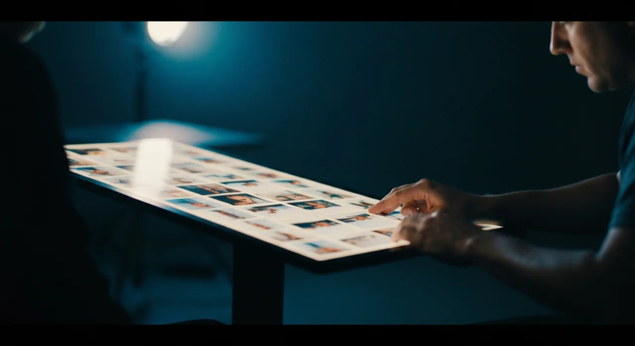 Un créateur fait défiler rapidement des images générées sur un écran dans un studio sombre, mouvement, lumière cinématique