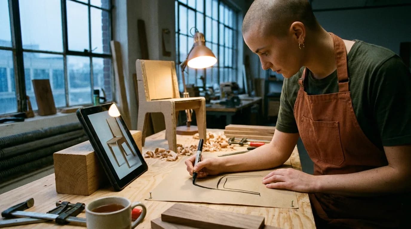 Dans un atelier de design mobilier au petit matin, une jeune designer au crâne rasé et au tablier rouille trace au feutre noir le contour d'une chaise sur du papier kraft, à côté d'une tablette qui montre un rendu photo de la même chaise et d'une maquette en carton