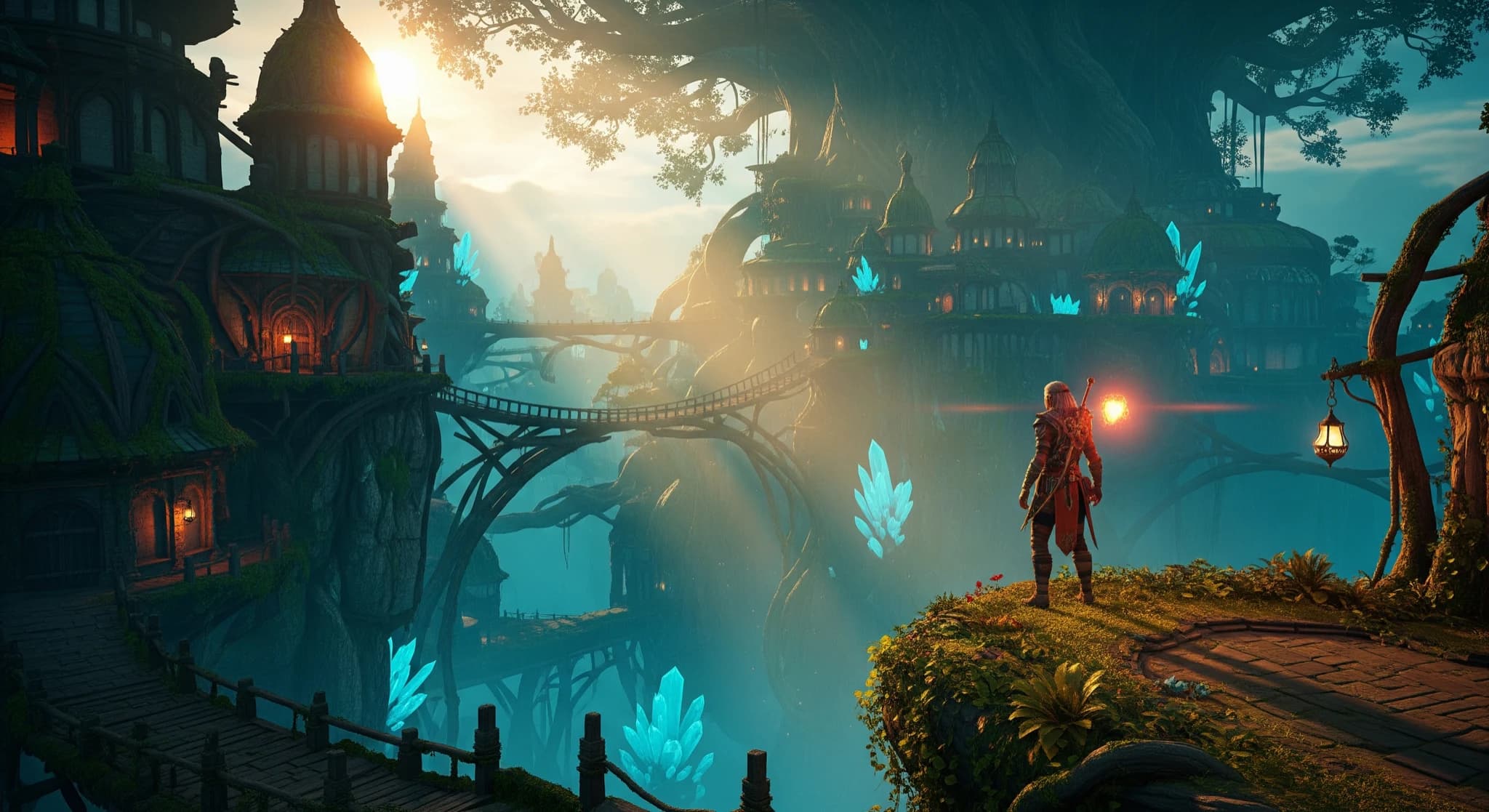 Leonardo AI pour images et assets de jeu, scène de game art riche, environnement fantastique, lumière dramatique, qualité de production