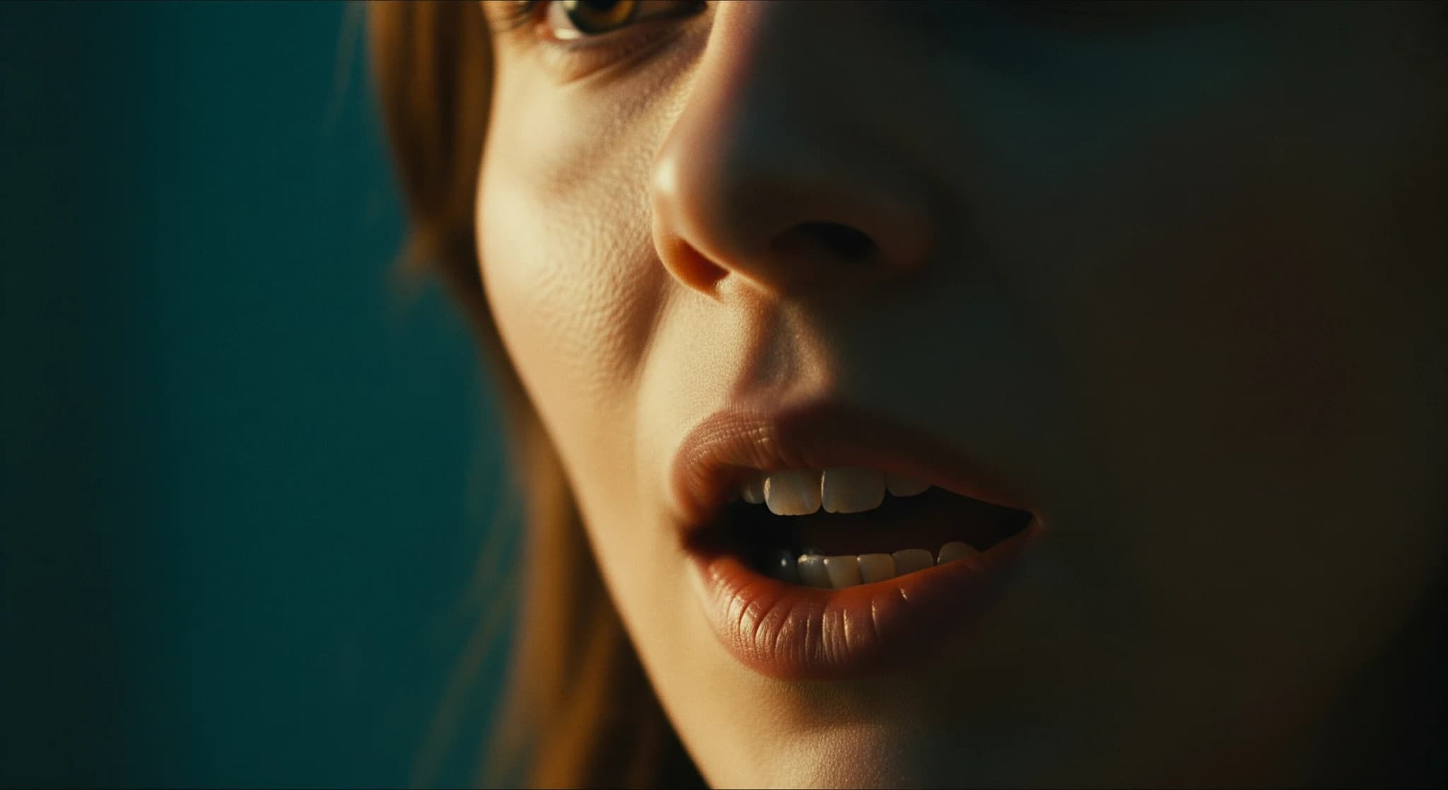Lip-sync IA pour faire parler un personnage, gros plan cinématique d'un visage expressif en train de parler, détail des lèvres net, lumière dramatique