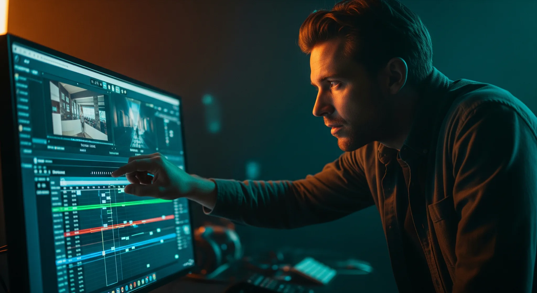 Une réalisatrice place des keyframes sur une timeline vidéo dans un studio sombre, lumière cinématique, écran de montage