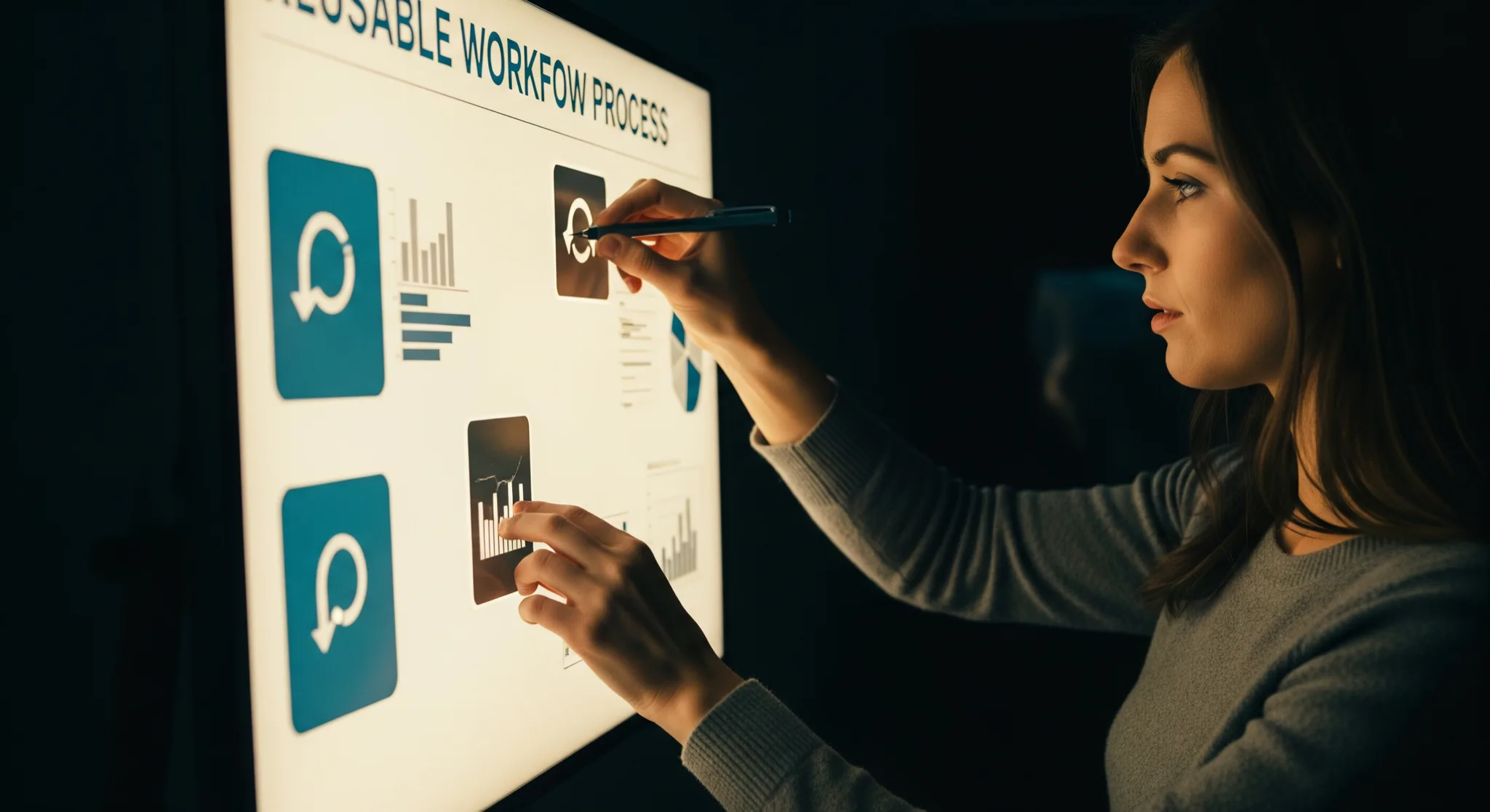 Un créateur organise des étapes de workflow réutilisables sur un tableau lumineux dans un studio sombre, ambiance cinématique