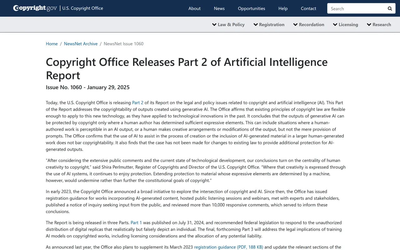 Page NewsNet du site copyright.gov annonçant la publication de la partie 2 du rapport sur l'intelligence artificielle, datée du 29 janvier 2025, avec le paragraphe indiquant que les productions d'IA générative ne sont protégeables que lorsqu'un auteur humain a déterminé des éléments expressifs suffisants, et non par la simple fourniture de prompts