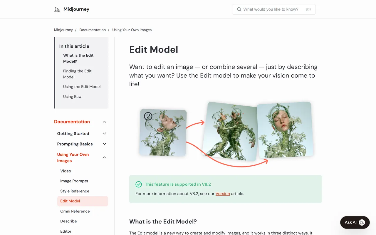 Page de documentation Edit Model de Midjourney, bandeau vert This feature is supported in V8.2, illustration montrant une image de référence transformée en deux nouvelles compositions, sommaire à gauche avec les entrées Edit Model et Omni Reference