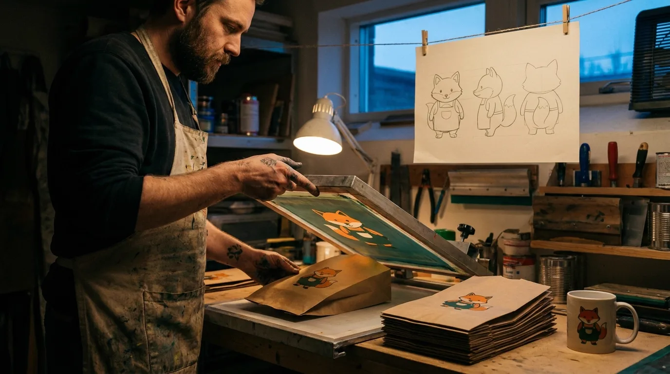 Atelier de sérigraphie au crépuscule, un homme barbu en tablier taché d'encre soulève le cadre de sa presse au-dessus d'un sac de café en kraft où vient d'être imprimé un renard mascotte en tablier vert, pile de sacs identiques et mug avec le même renard sur l'établi, planche de poses du renard de face, de profil et de dos suspendue à un fil devant la fenêtre