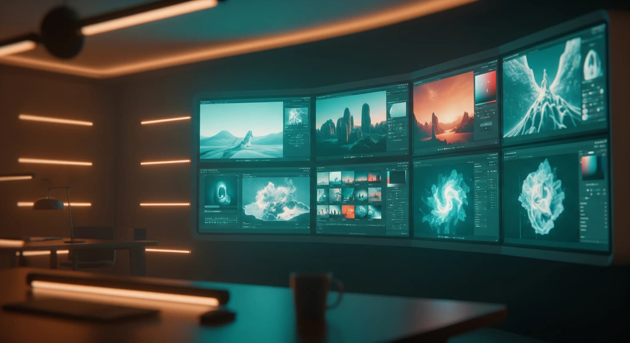 Les meilleurs générateurs d'images IA en 2026, studio créatif cinématique avec plusieurs écrans affichant des interfaces de génération