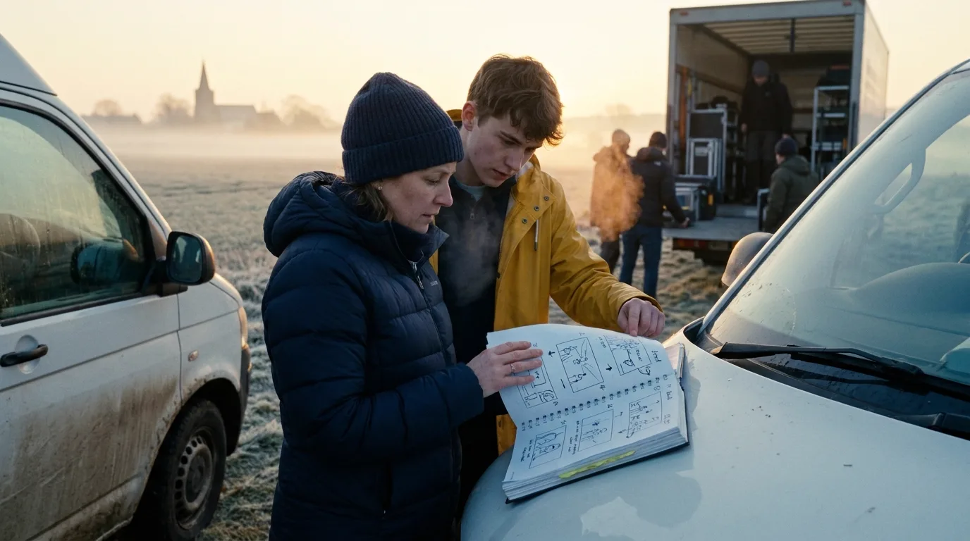 Au petit matin sur un tournage en pleine campagne givrée, une première assistante réalisatrice en doudoune bleu marine feuillette un storyboard imprimé à spirale posé sur le capot d'un utilitaire blanc, un jeune assistant caméra en ciré jaune pointe une case, l'équipe décharge un camion dans la brume