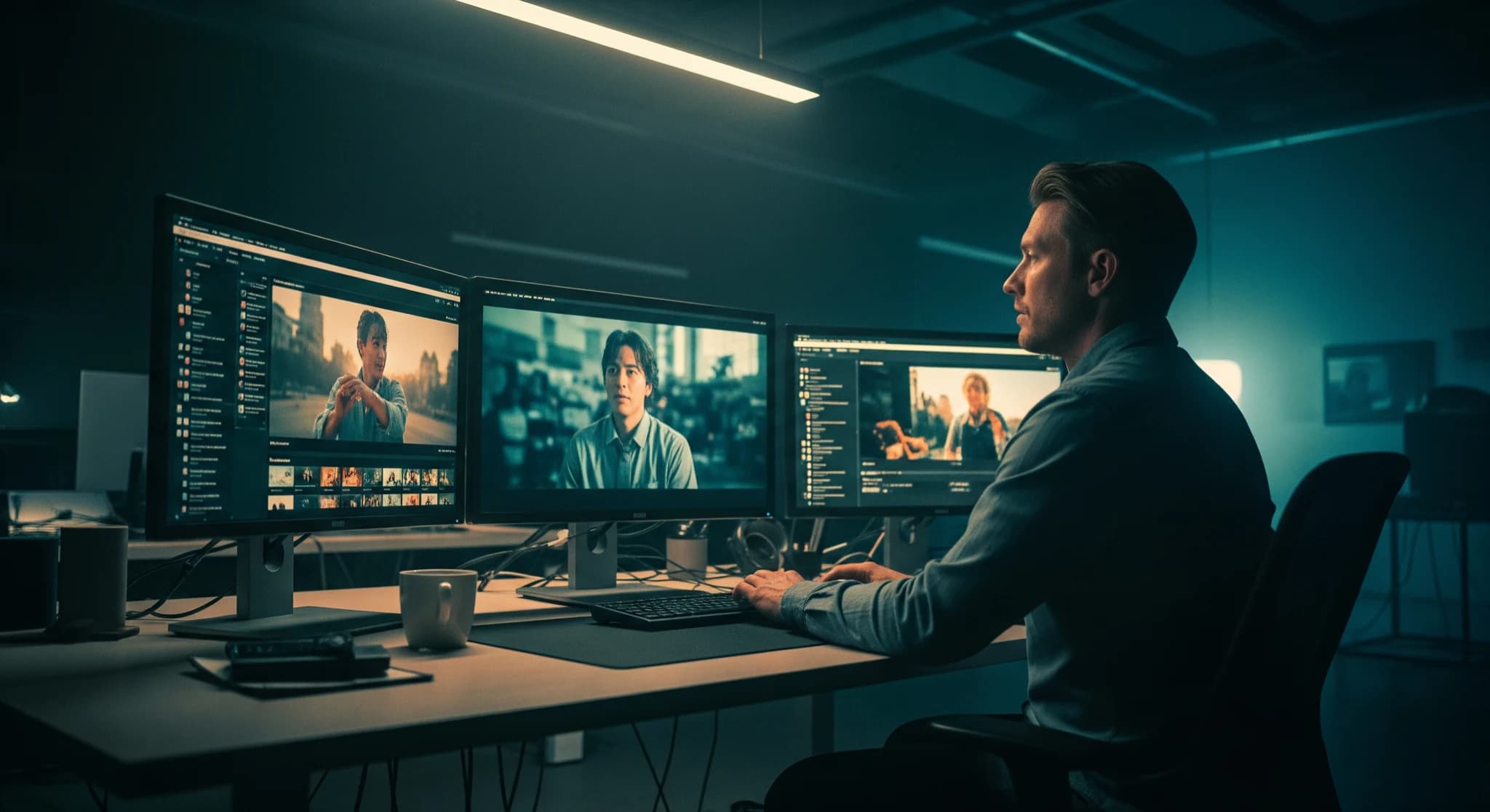 Les meilleurs sites de vidéo IA gratuits, espace de travail avec plusieurs écrans affichant des générateurs vidéo IA produisant des clips cinématiques