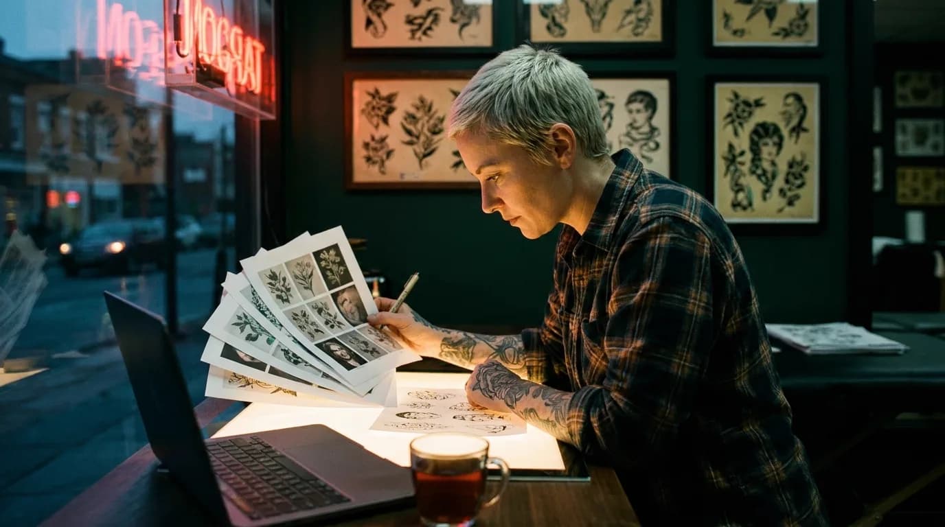 Dans un salon de tatouage à la tombée de la nuit, une tatoueuse aux avant-bras tatoués compare sur une table lumineuse des planches de motifs imprimées à ses propres croquis à l'encre