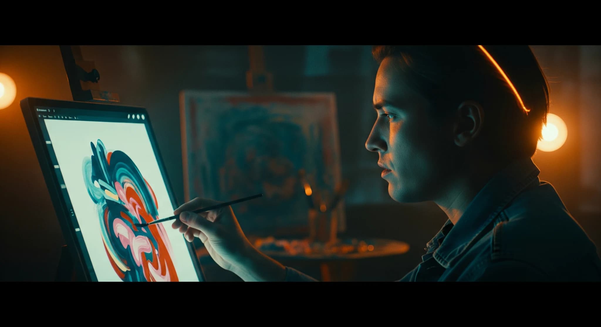 Midjourney pour débutants, artiste créant une première image marquante sur un écran lumineux, studio sombre avec lumière chaude